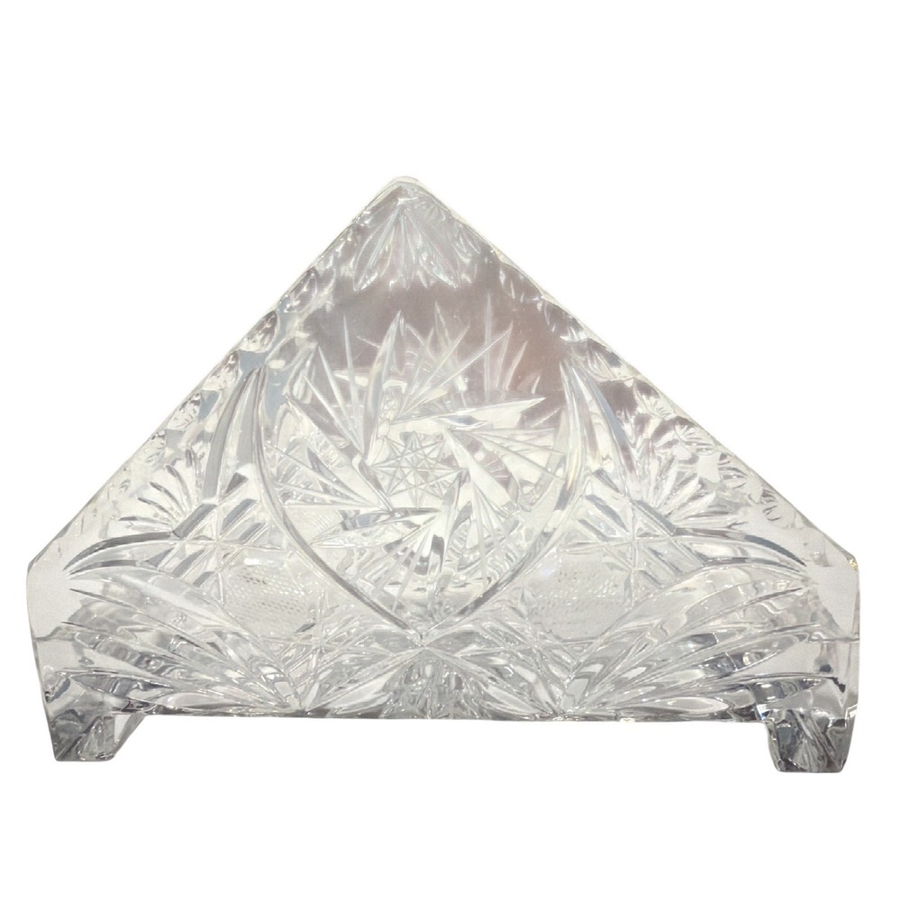 Vintage Cut Glass Napkin Holder Triangle Pinwheel Starburst Footed Clear 6.5in
